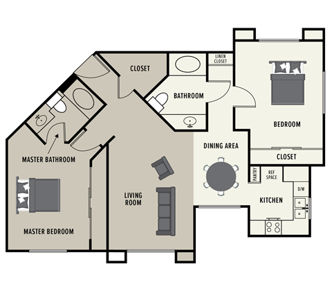 Floor plan for 2 beds, 2 baths, 1034 sqft